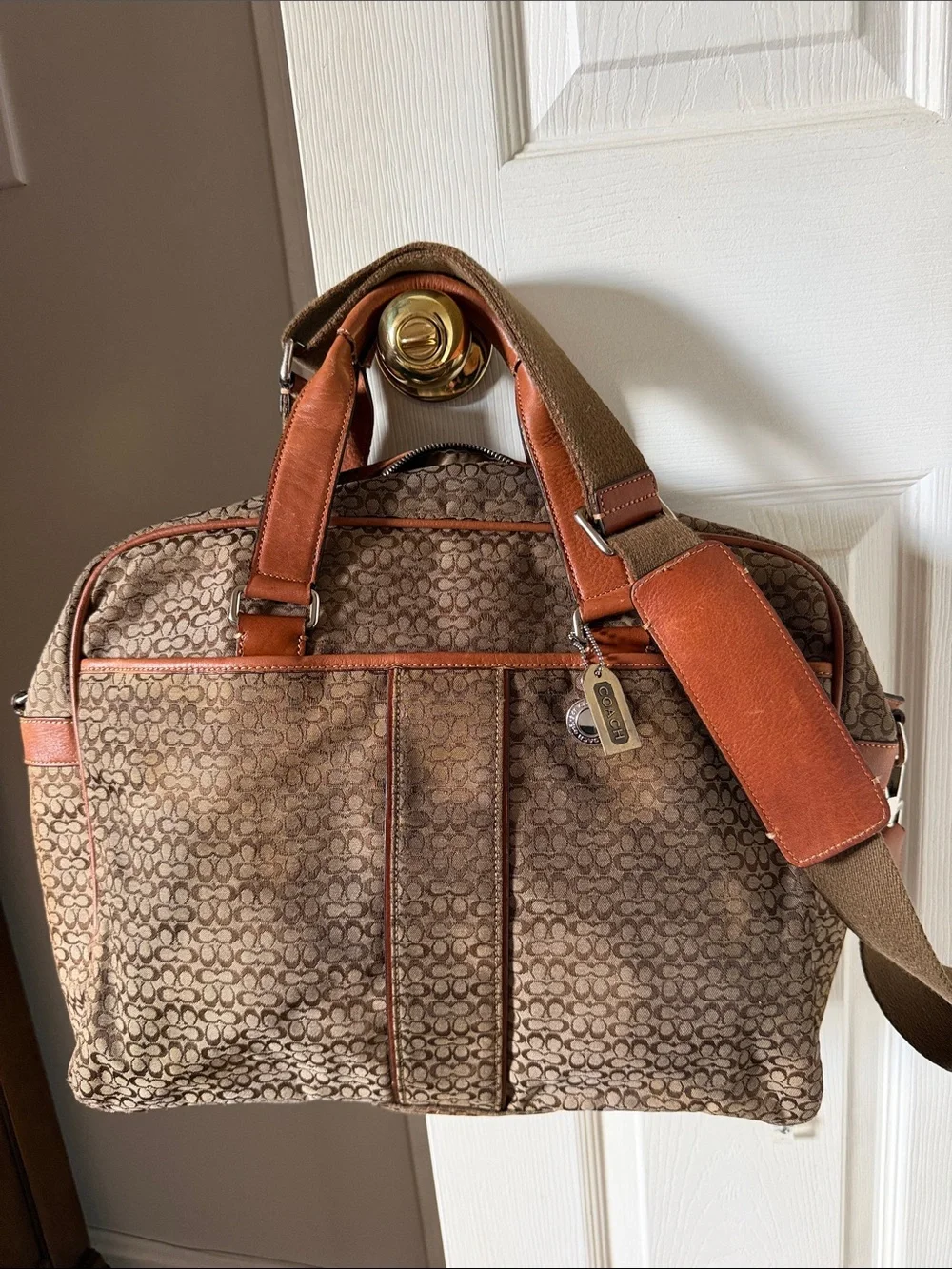Large Coach Signature Canvas Briefcase with Tan Leather Trim